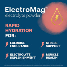 ElectroMag electrolyte powder packaging with product name, lightning bolt icon in water droplet, and benefits listed on dark 