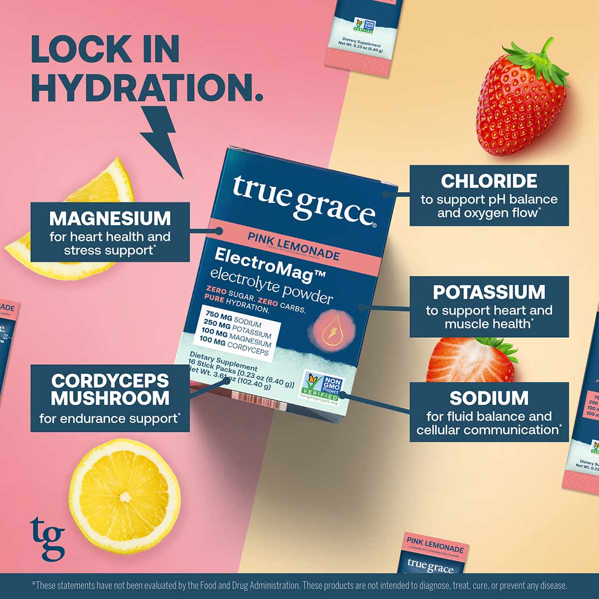 ElectroMag pink lemonade electrolyte powder stick surrounded by lemon, strawberry, and ingredient benefit callouts on split p