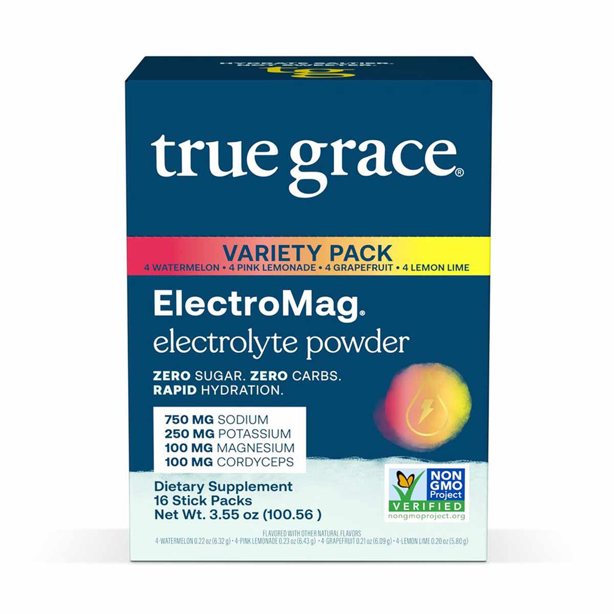 True Grace ElectroMag electrolyte powder variety pack box containing 16 stick packs in watermelon, pink lemonade, grapefruit,