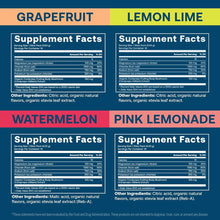 Four electrolyte stick supplement facts panels labeled Grapefruit, Lemon Lime, Watermelon, and Pink Lemonade with ingredient 