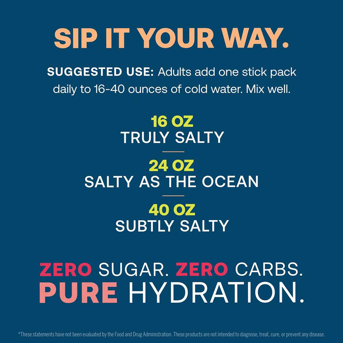 ElectroMag Electrolyte Stick product information on dark blue background with sizing options and usage instructions.