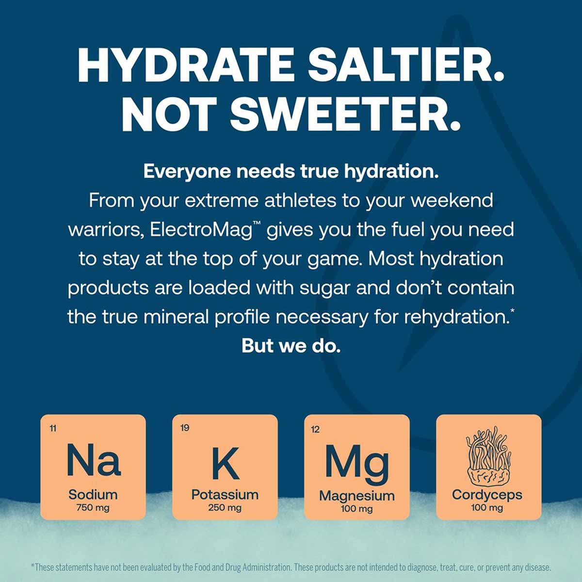 ElectroMag electrolyte stick packaging showing mineral content cards for sodium, potassium, magnesium, and cordyceps on teal 