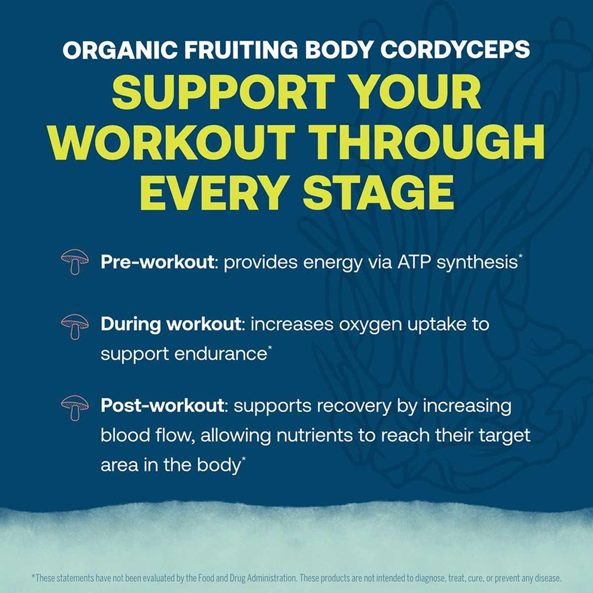 Blue background with white and yellow text describing workout benefits and cordyceps ingredients for an electrolyte supplemen