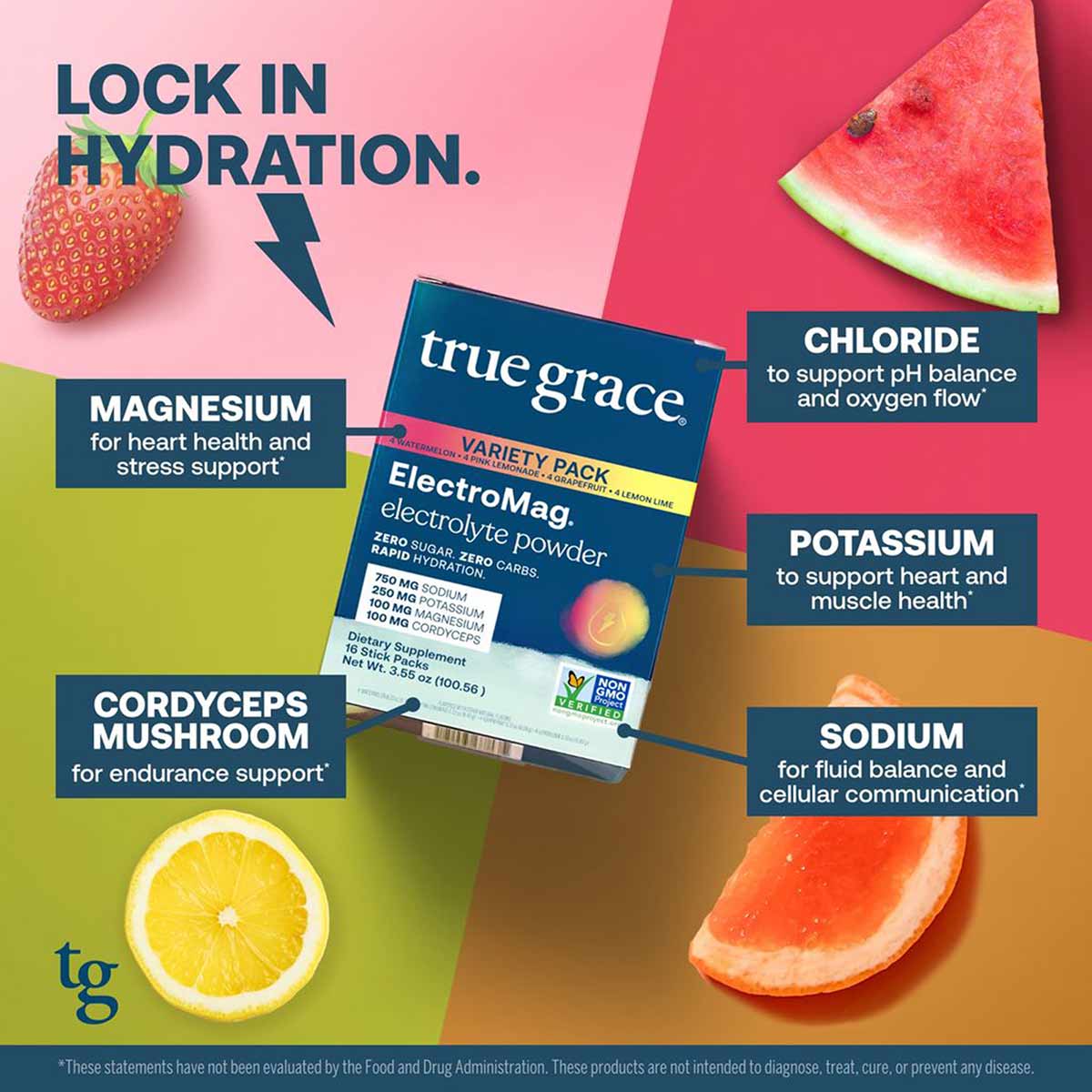 ElectroMag electrolyte powder stick pack by True Grace with variety flavors, surrounded by watermelon, grapefruit, strawberry