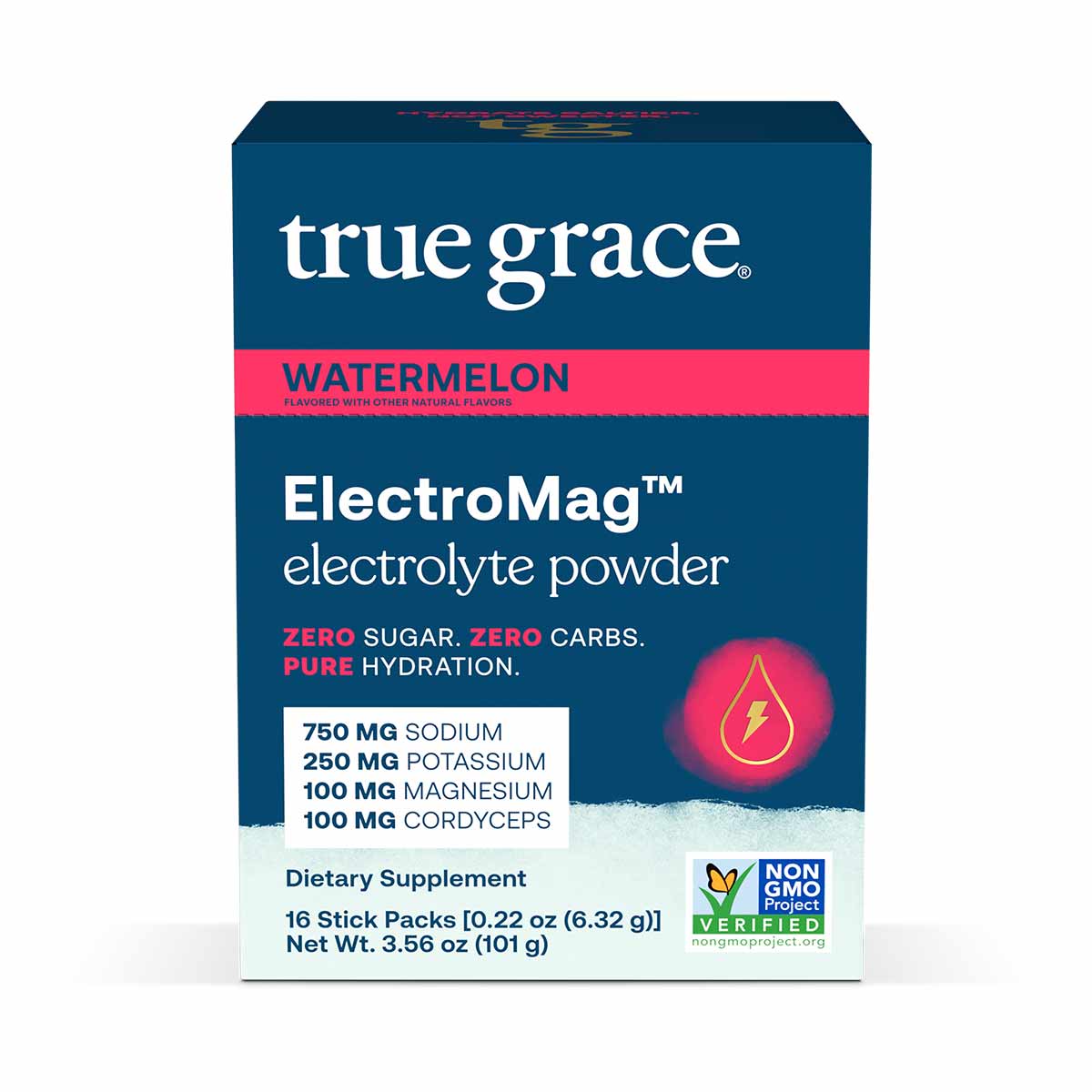 True Grace ElectroMag watermelon electrolyte powder box with 16 stick packs, featuring sodium, potassium, magnesium, and cord