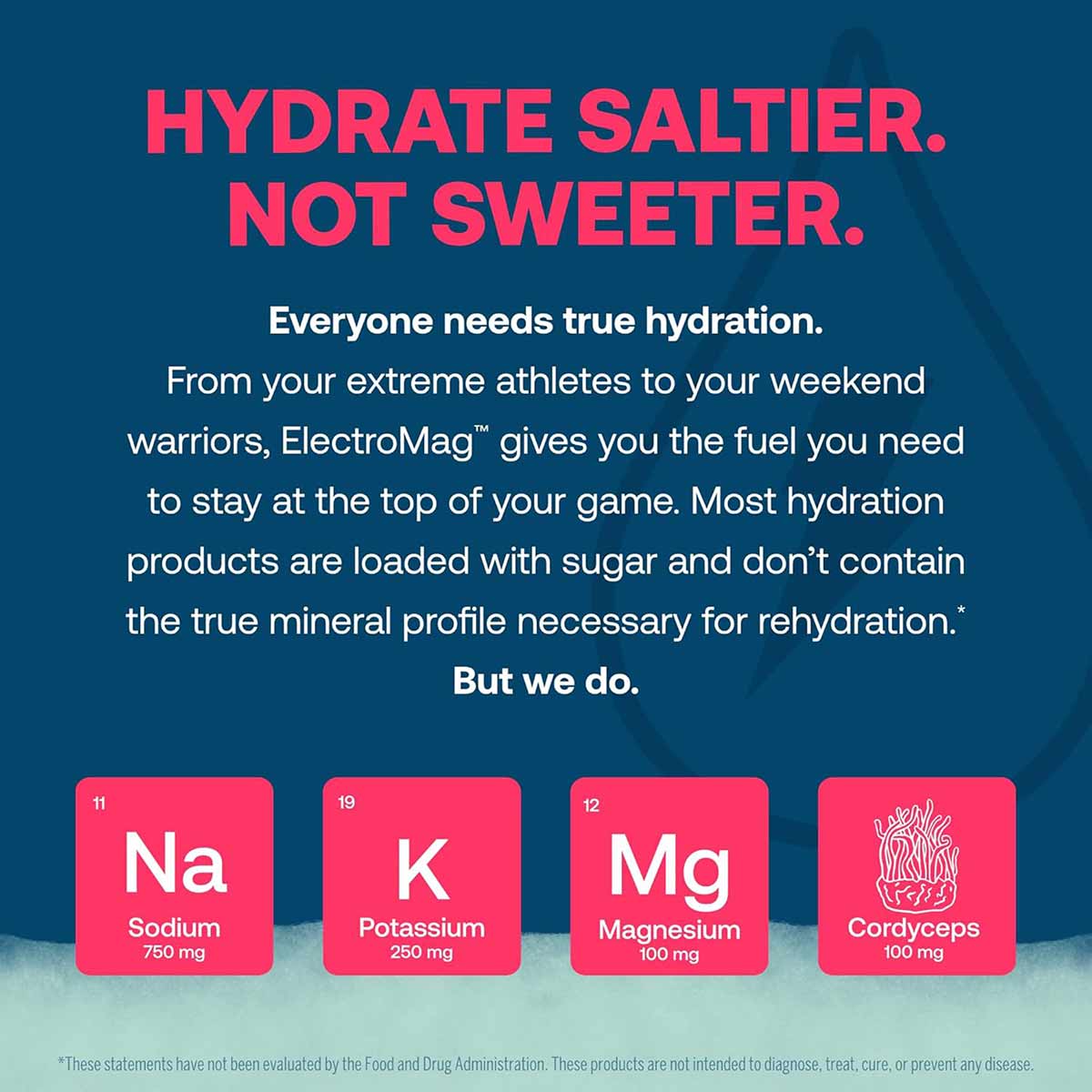 ElectroMag Electrolyte Stick packaging displaying mineral content: sodium 750mg, potassium 250mg, magnesium 100mg, and cordyc