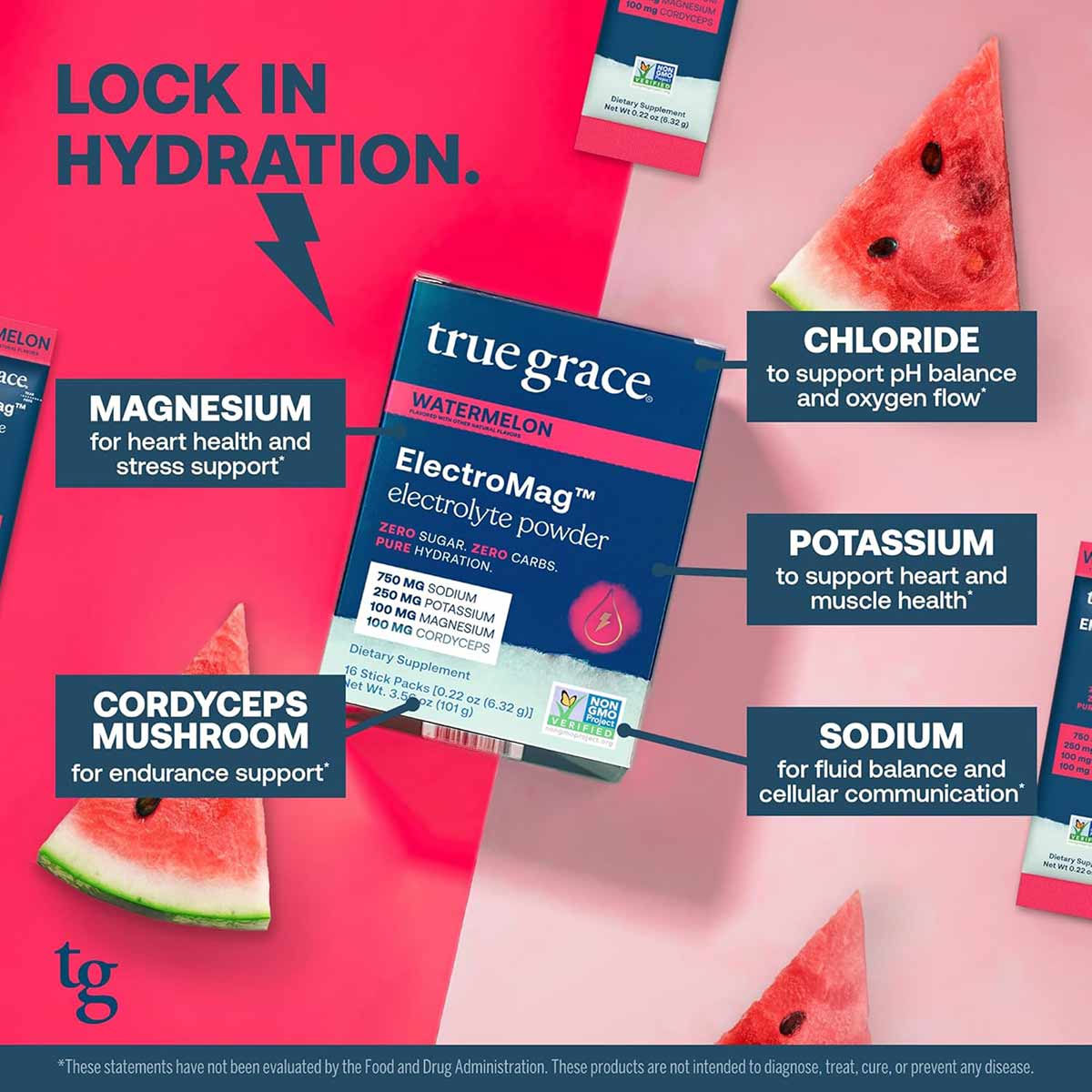 ElectroMag electrolyte powder stick pack in watermelon flavor with navy and pink packaging displayed on pink background with 