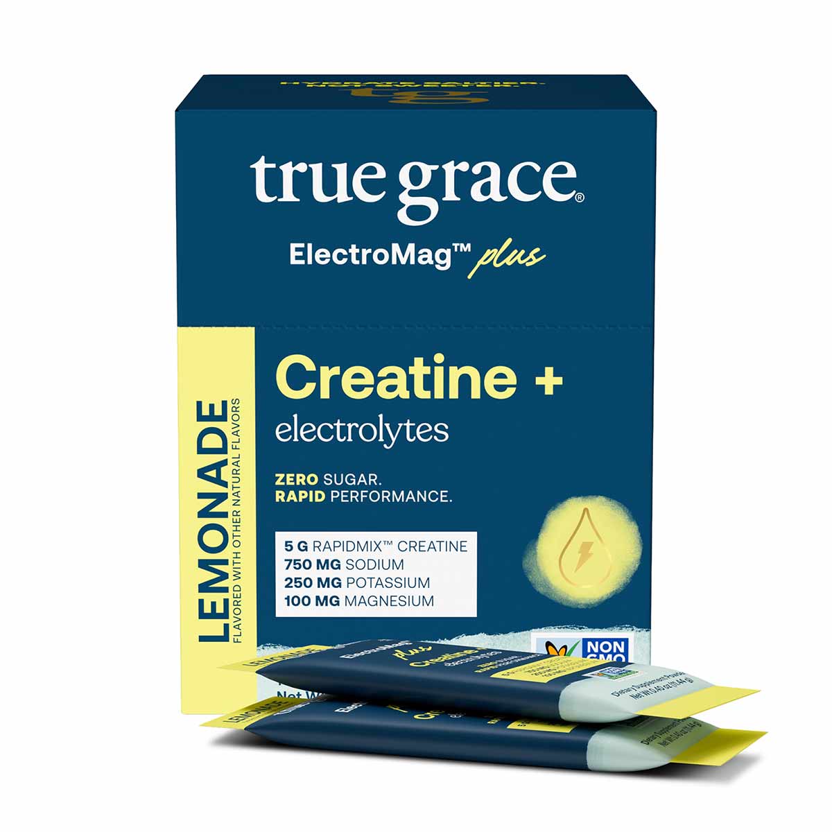 Dark blue box of True Grace ElectroMag Plus Creatine with lemonade flavor packets displayed in front.