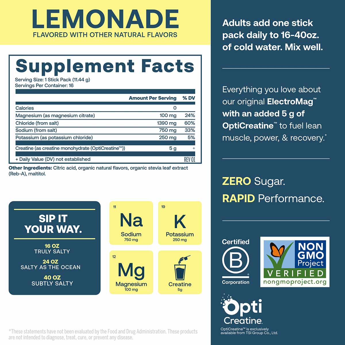 ElectroMag Plus Creatine lemonade supplement label displaying nutrition facts, ingredients, and product information on yellow