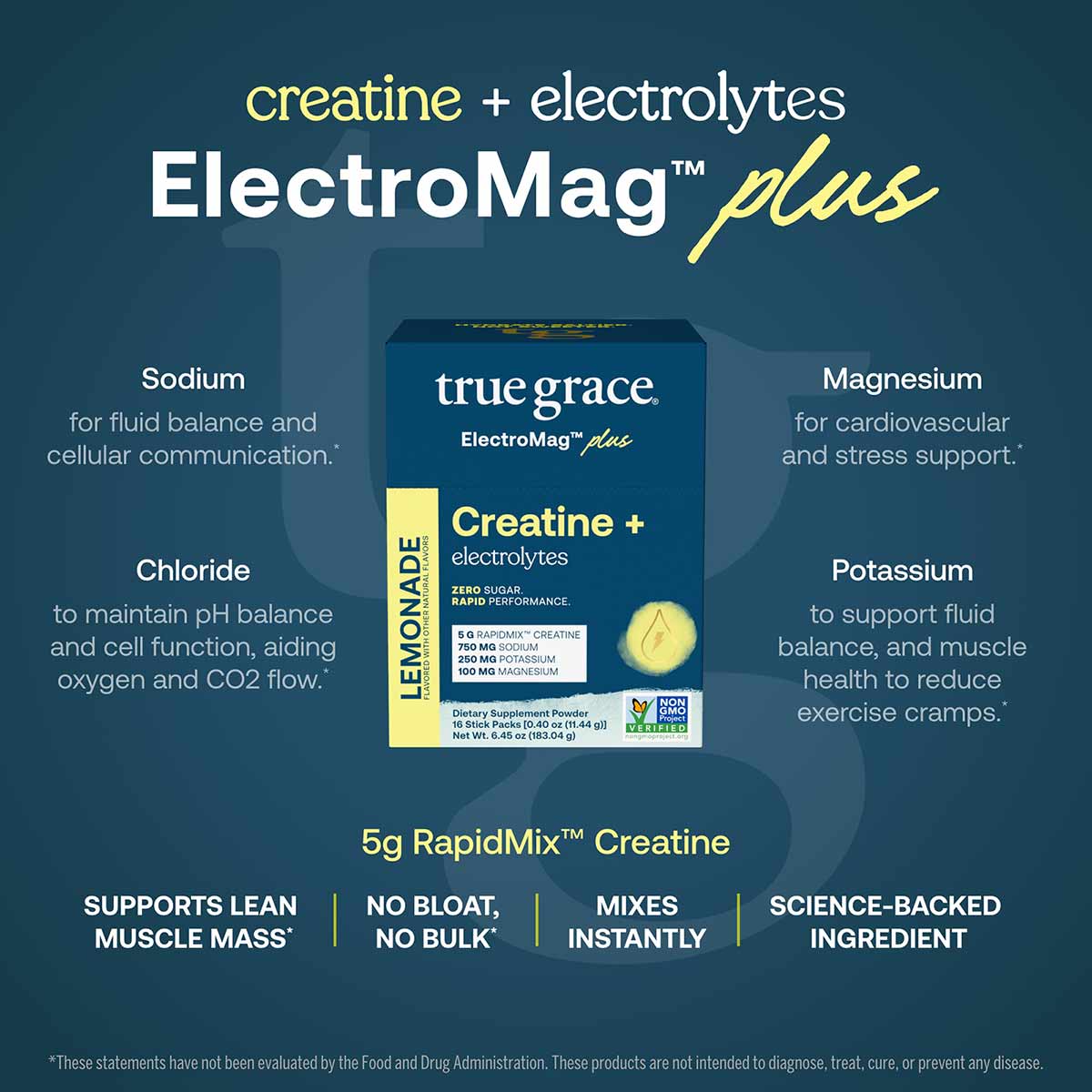 ElectroMag Plus creatine and electrolytes powder supplement container by True Grace with yellow accents on dark teal backgrou
