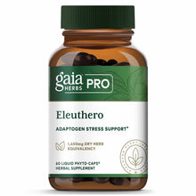 Gaia Herbs Pro Eleuthero bottle with green cap containing 60 dark liquid phyto-capsules.