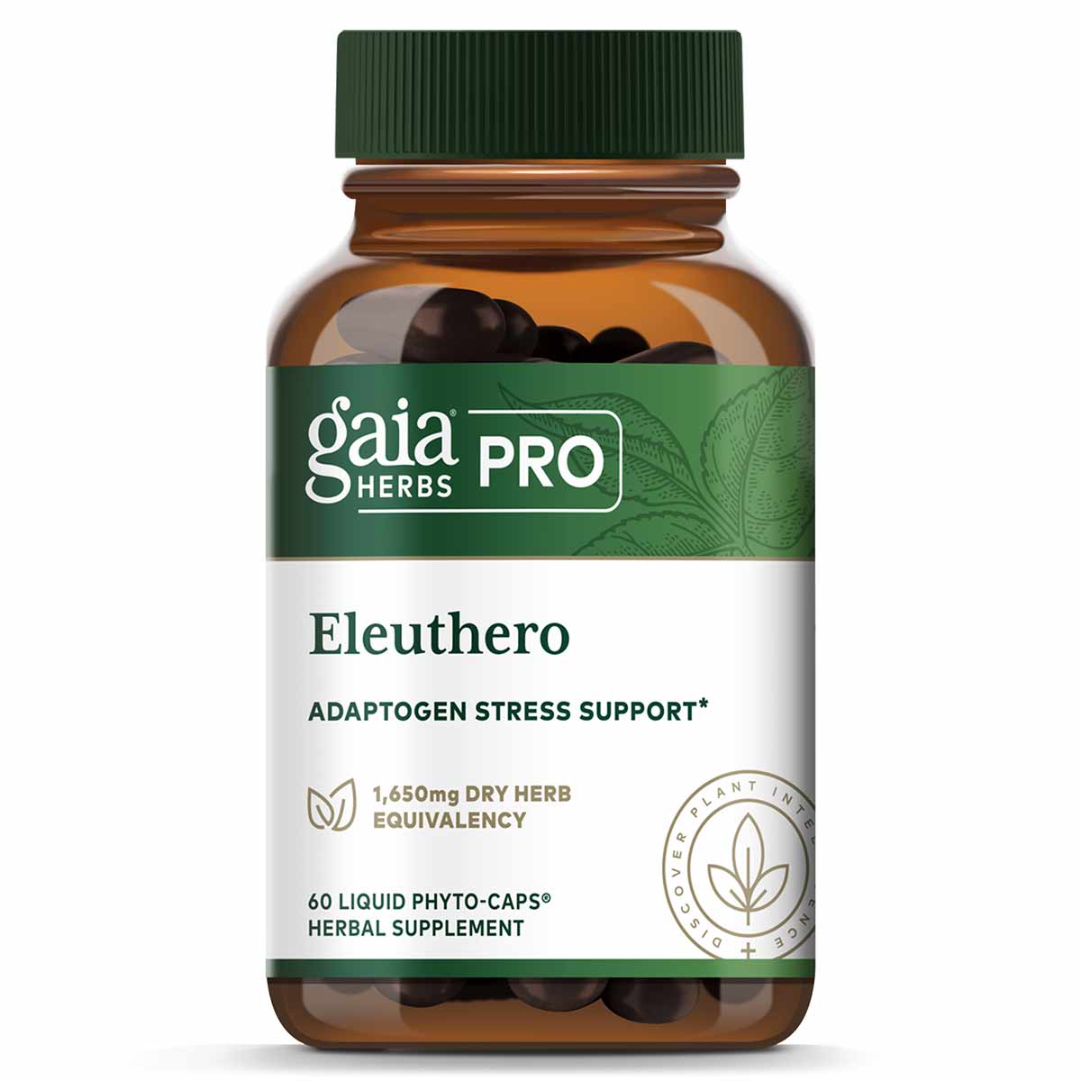 Gaia Herbs Pro Eleuthero bottle with green cap containing 60 dark liquid phyto-capsules.