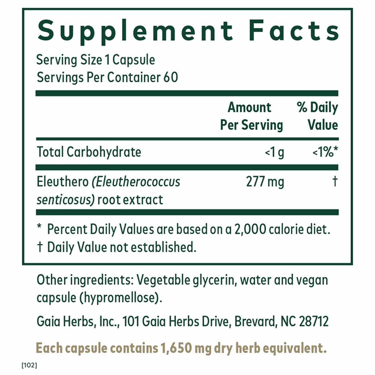 Supplement Facts label for Eleuthero 60 Liquid Phyto Caps showing serving size, ingredients, and nutritional information.