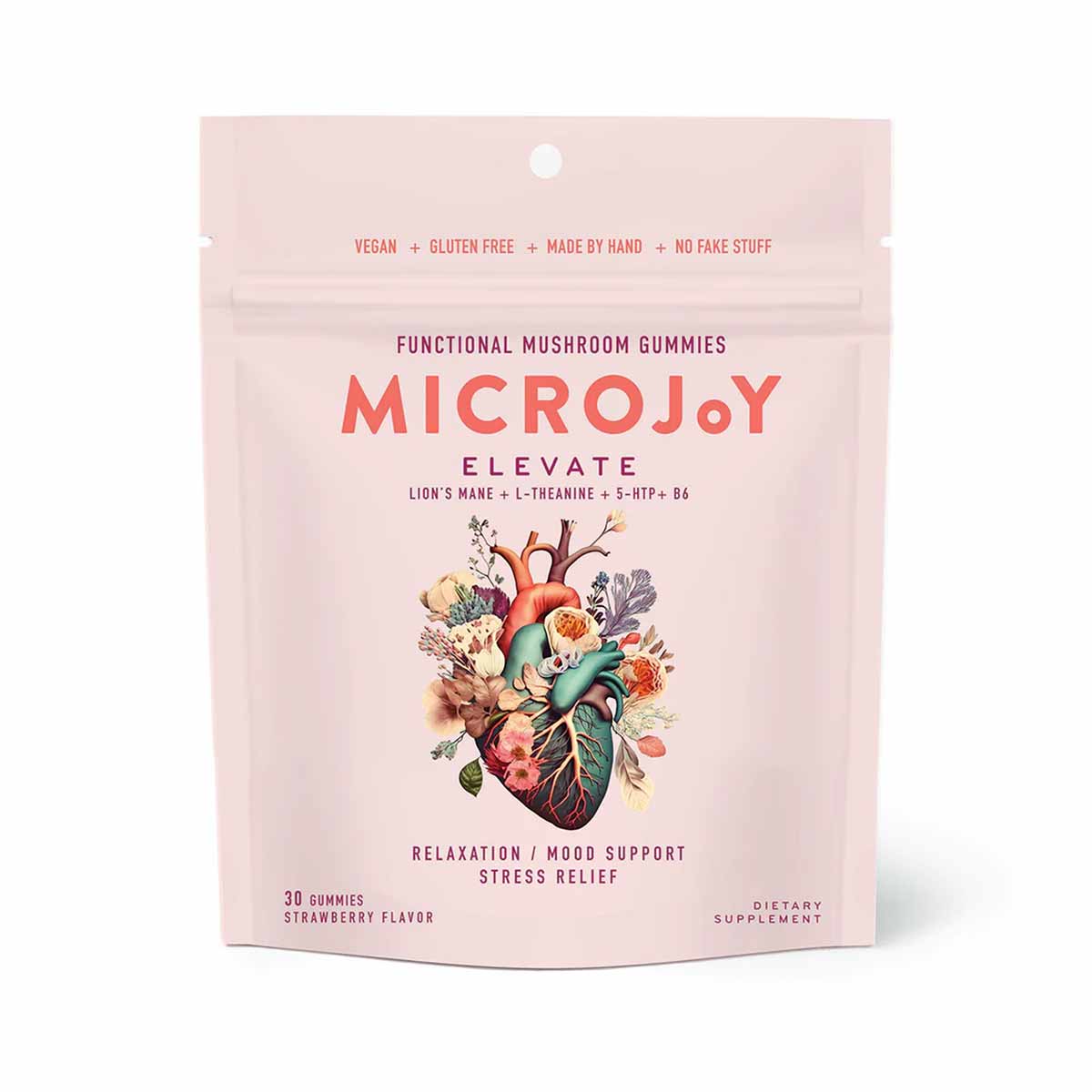 Pink resealable pouch of MicroJoy Elevate functional mushroom gummies with floral and anatomical heart illustration, 30 count