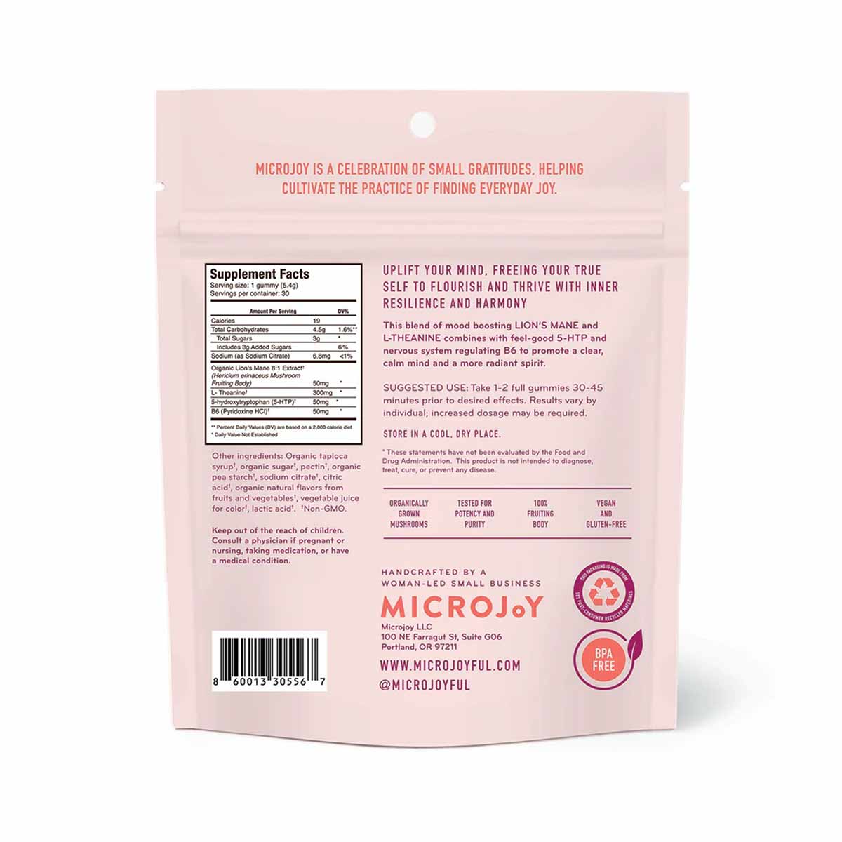 Pink resealable pouch of MicroJoy Elevate Gummies with supplement facts, ingredients, and product information printed on back