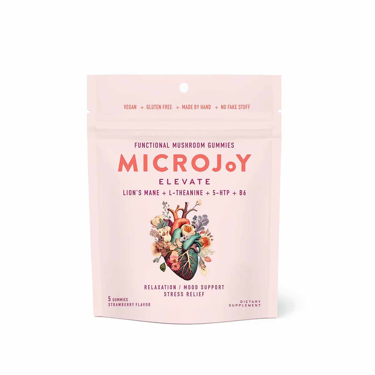Pink pouch of MicroJoy Elevate functional mushroom gummies with floral heart illustration and strawberry flavor label.
