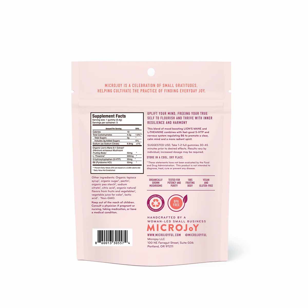 Pink resealable pouch of MicroJoy Elevate gummy sampler with supplement facts, ingredient list, and product information print