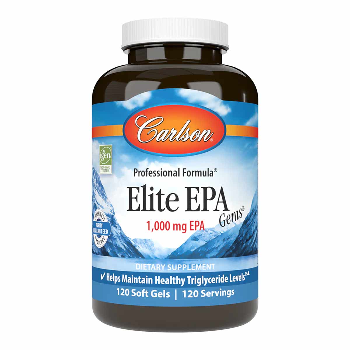 Carlson Labs Elite EPA Gems 1000 mg supplement bottle with white cap and blue label showing mountain imagery, 120 soft gels.