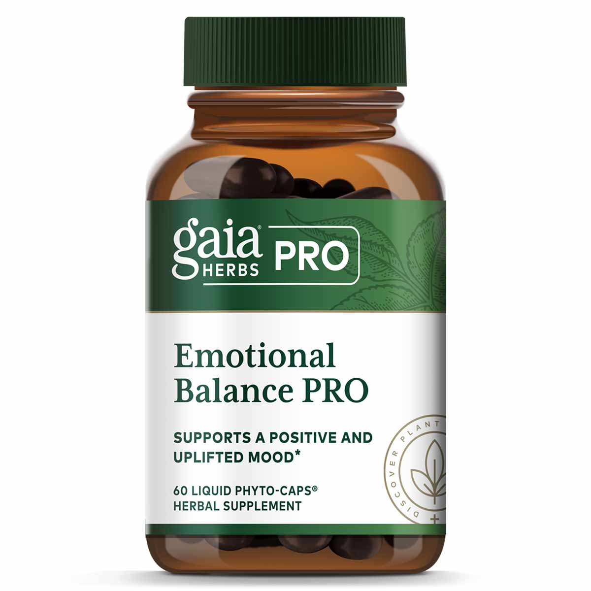 Gaia Herbs Pro Emotional Balance PRO bottle with green cap containing 60 dark liquid phyto-caps.
