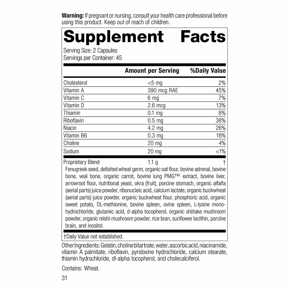 Supplement Facts label for Emphaplex 90 capsules by Standard Process showing serving size, nutritional content, and ingredien