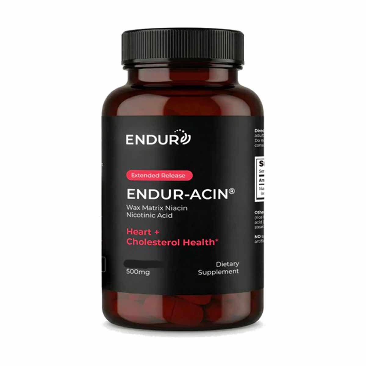 Brown glass bottle of ENDUR-ACIN Niacin 500mg extended-release tablets with black label and black screw-top cap.