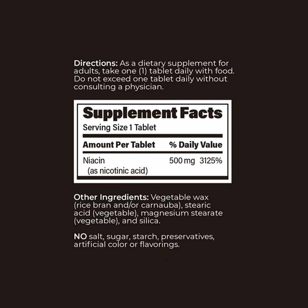 Supplement label showing directions, Supplement Facts table with 500mg niacin per tablet, and other ingredients list on dark 