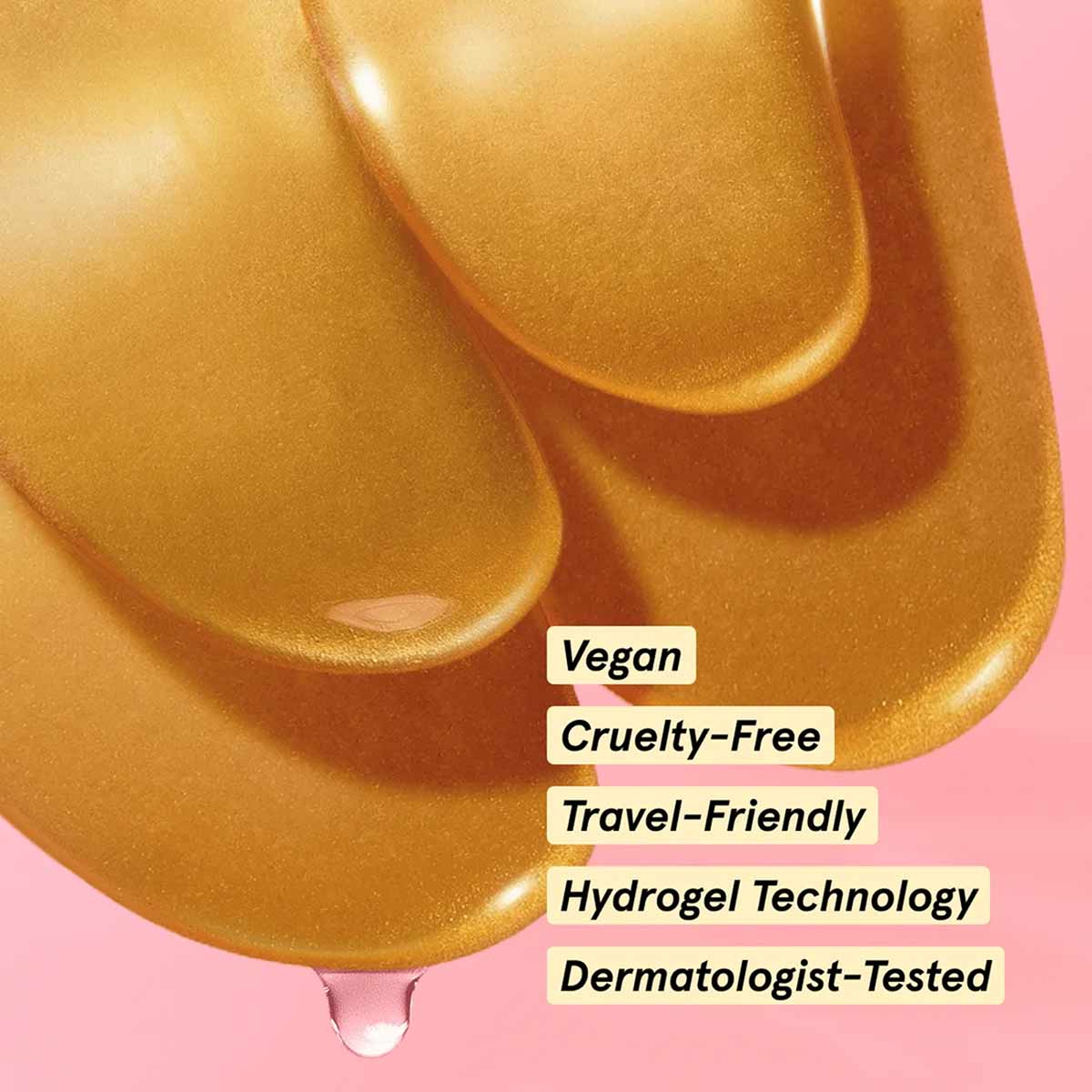 Gold hydrogel under-eye masks with product benefit labels on pink background.