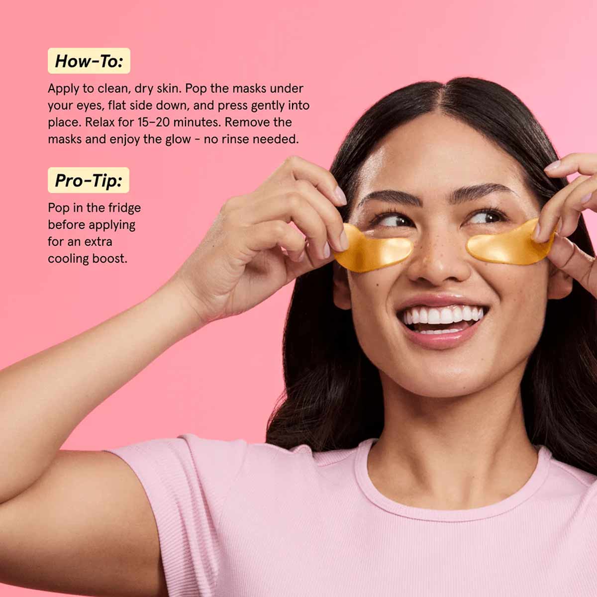 Woman applying gold under-eye masks against pink background with application instructions.