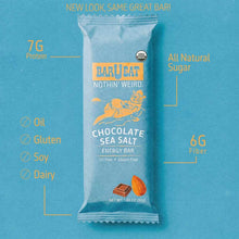 BAR U EAT Chocolate Sea Salt Energy Bar wrapped package with nutrition information on blue background.
