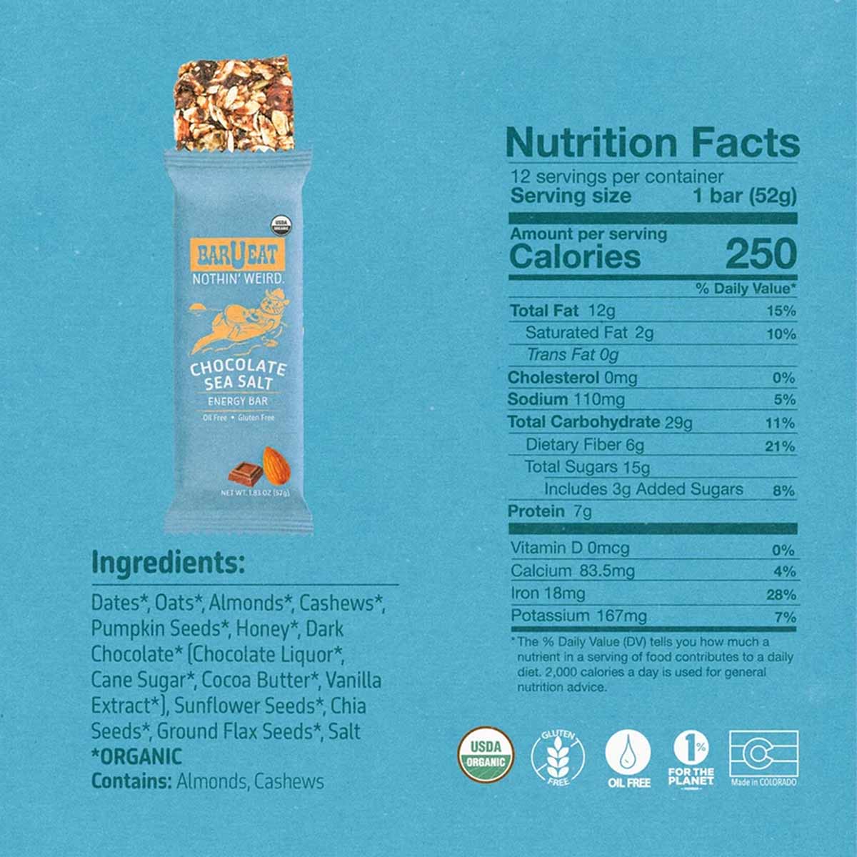 BAR U EAT Chocolate Sea Salt Energy Bar in clear wrapper showing oats and nuts mix on blue background with nutrition facts.