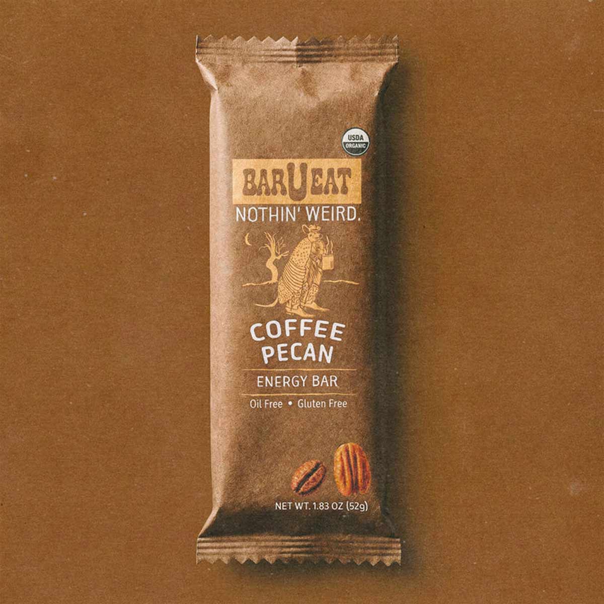 Bar U Eat coffee pecan energy bar in kraft wrapper with USDA organic seal, 1.83 oz.