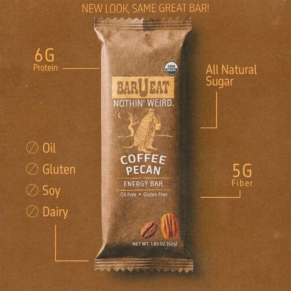 Bar U Eat Coffee Pecan Energy Bar in tan wrapper with USDA organic seal and nutritional callouts on brown background.