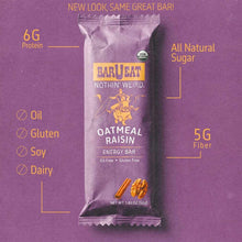 BAR U EAT oatmeal raisin energy bar in purple packaging with USDA organic seal on purple background.