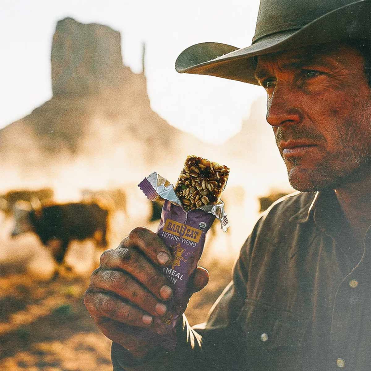 Man in cowboy hat holding BAR U EAT energy bar with desert landscape in background.