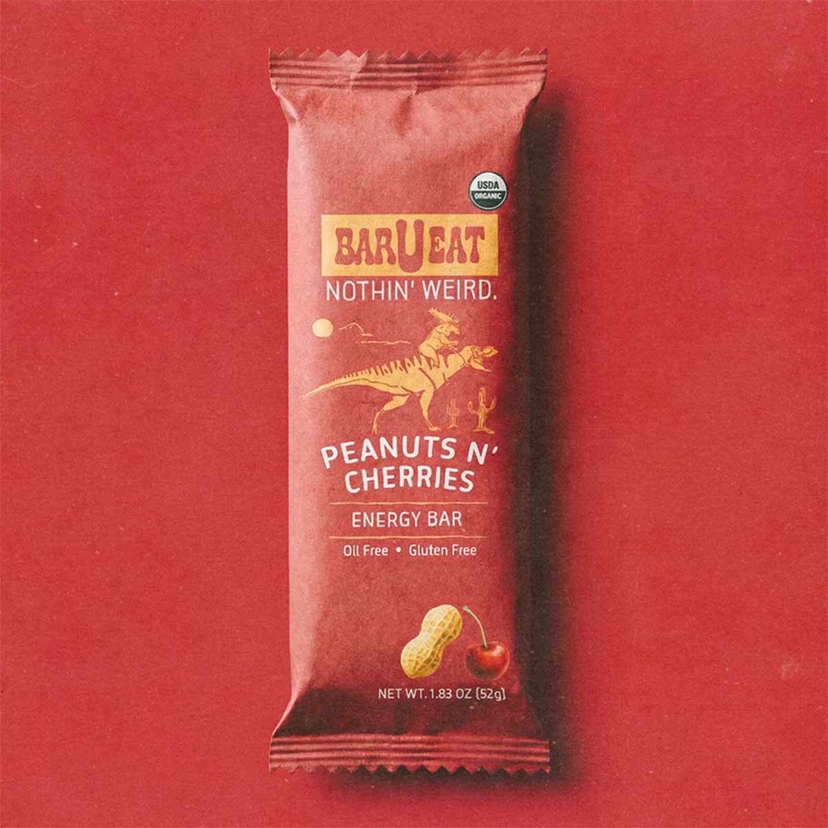 Bar U Eat peanuts n' cherries energy bar, 1.83 oz, oil-free and gluten-free with USDA organic seal.