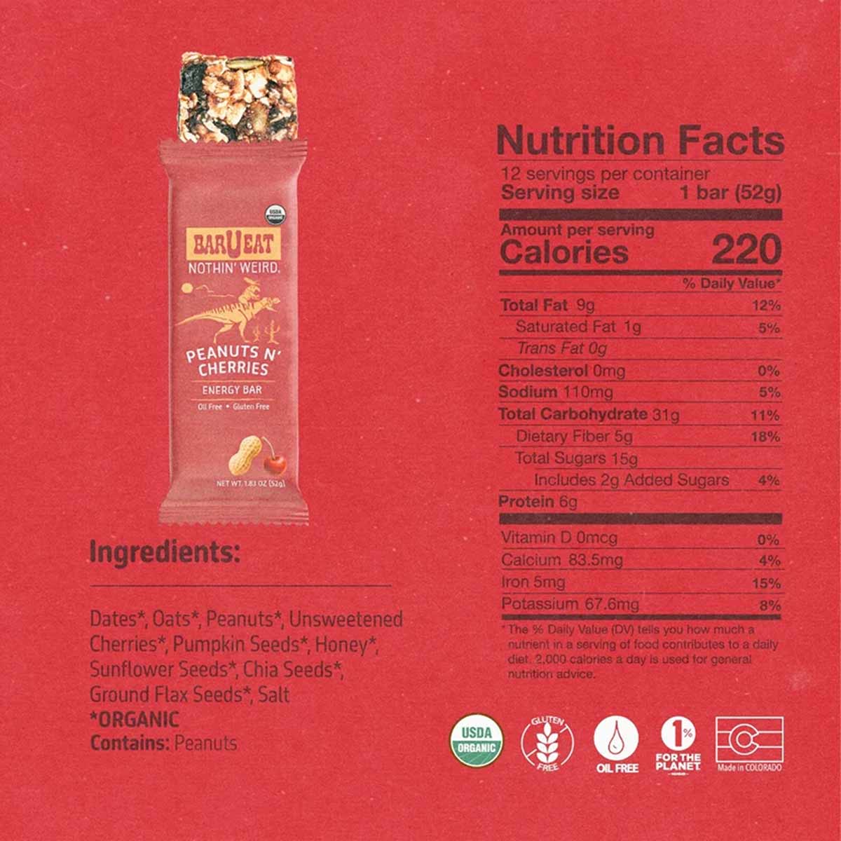 Bar U Eat Peanuts n' Cherries energy bar with nutrition facts and ingredients list on red background.