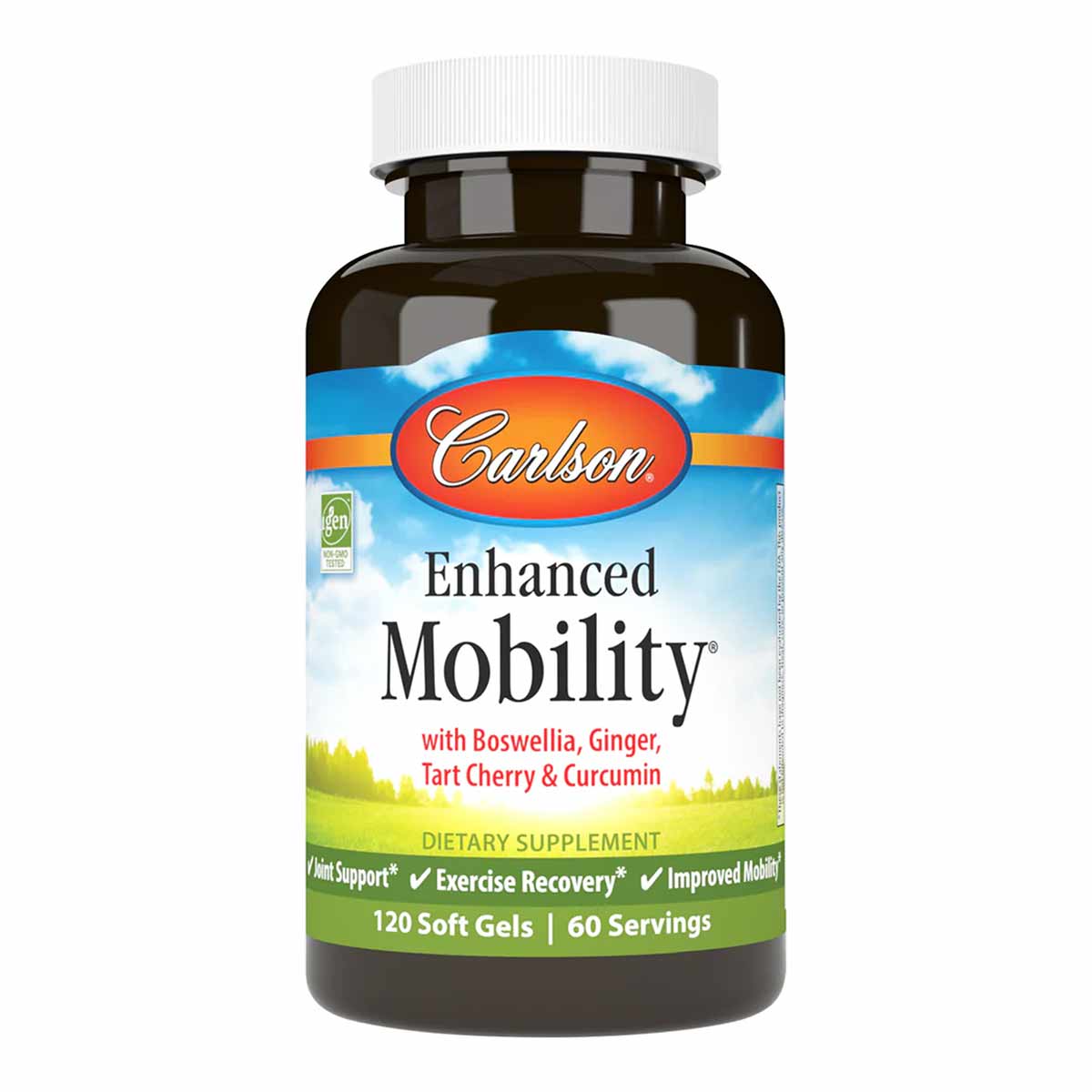 Brown glass bottle with white cap containing Carlson Enhanced Mobility dietary supplement with Boswellia, Ginger, Tart Cherry