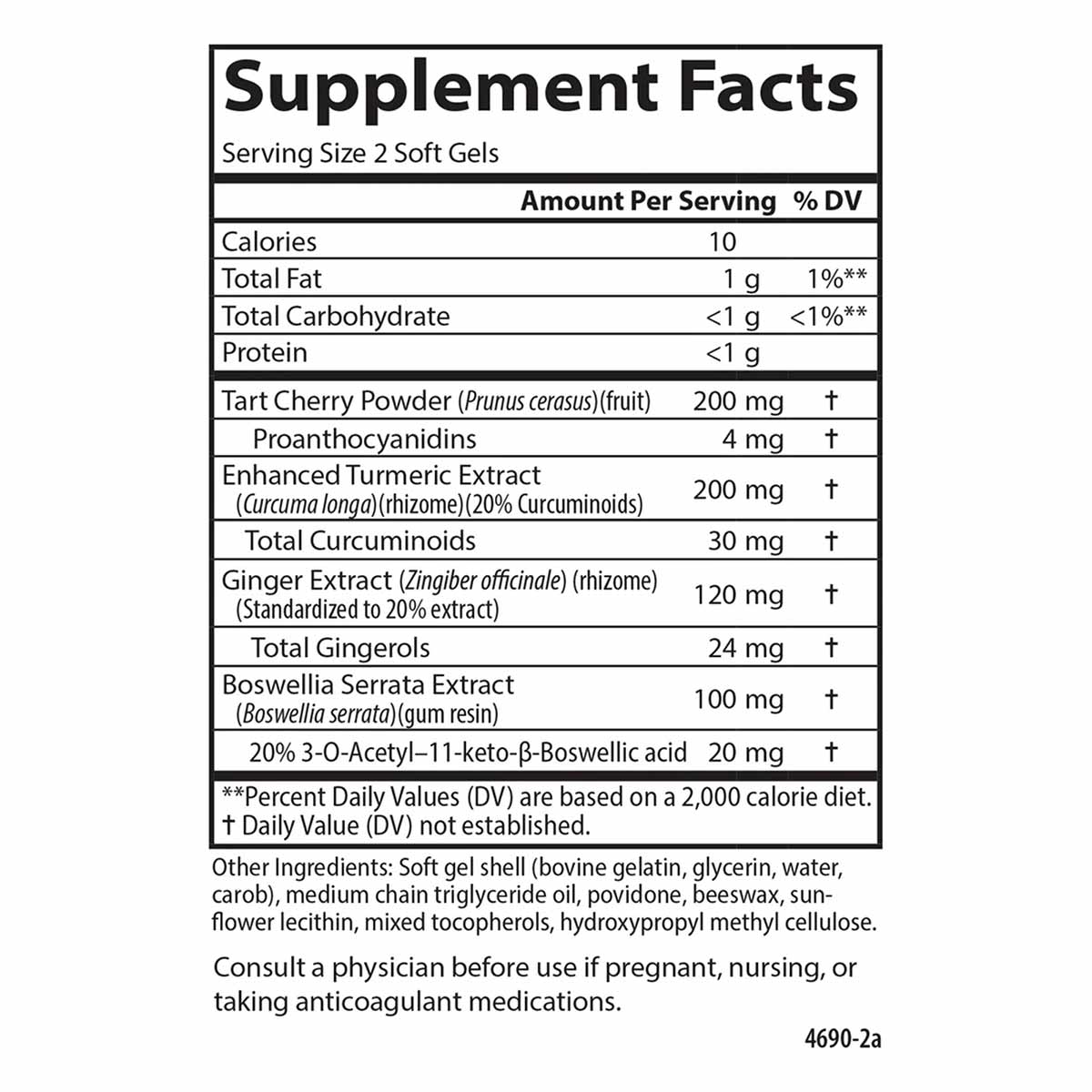 Supplement Facts label for Carlson Labs Enhanced Mobility soft gels listing ingredients including tart cherry, turmeric, ging