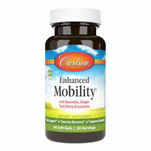 Dark amber glass bottle of Carlson Enhanced Mobility dietary supplement with white cap and blue and green label.