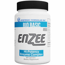 White bottle with black cap labeled "Enzee Hi-Potency Enzyme Complex" by Systemic Formulas, containing 60 capsules.