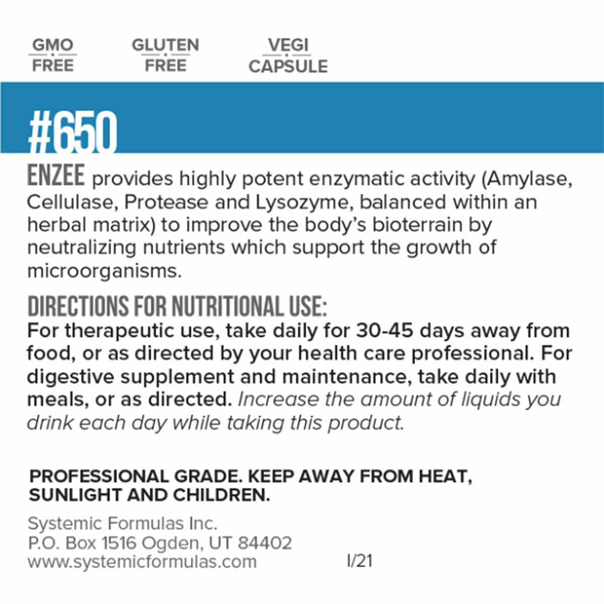 Bottle label for Enzee Hi-Potency Enzyme Complex showing GMO-free, gluten-free, vegi capsule badges and usage directions.