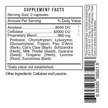 Supplement Facts label showing serving size of 2 capsules with amylase, cellulase, and proprietary enzyme blend ingredients.
