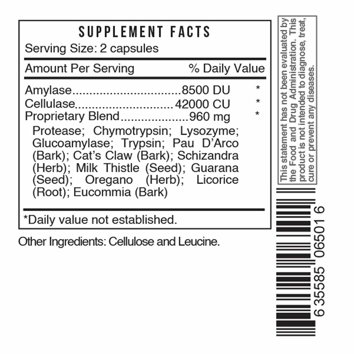 Supplement Facts label showing serving size of 2 capsules with amylase, cellulase, and proprietary enzyme blend ingredients.