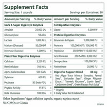 Supplement Facts label for Enzyme Power digestive capsules listing carbohydrate, fat, and protein digestive enzymes plus plan
