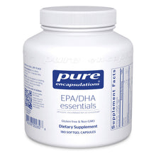 White bottle of Pure Encapsulations EPA/DHA Essentials dietary supplement containing 180 softgel capsules.