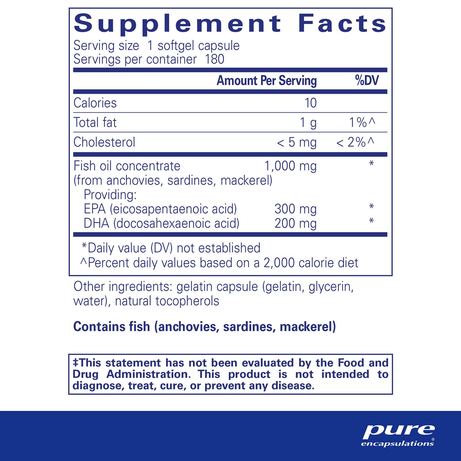 Supplement Facts label for EPA/DHA Essentials showing serving size, nutrition information, and fish oil concentrate details.