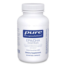 White bottle of Pure Encapsulations EPA/DHA Essentials dietary supplement containing 90 softgel capsules.