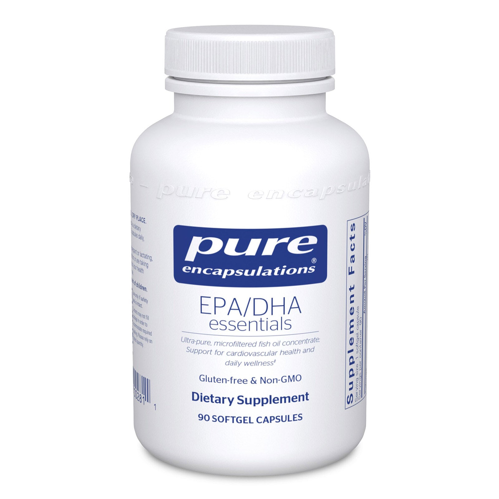 White bottle of Pure Encapsulations EPA/DHA Essentials dietary supplement containing 90 softgel capsules.