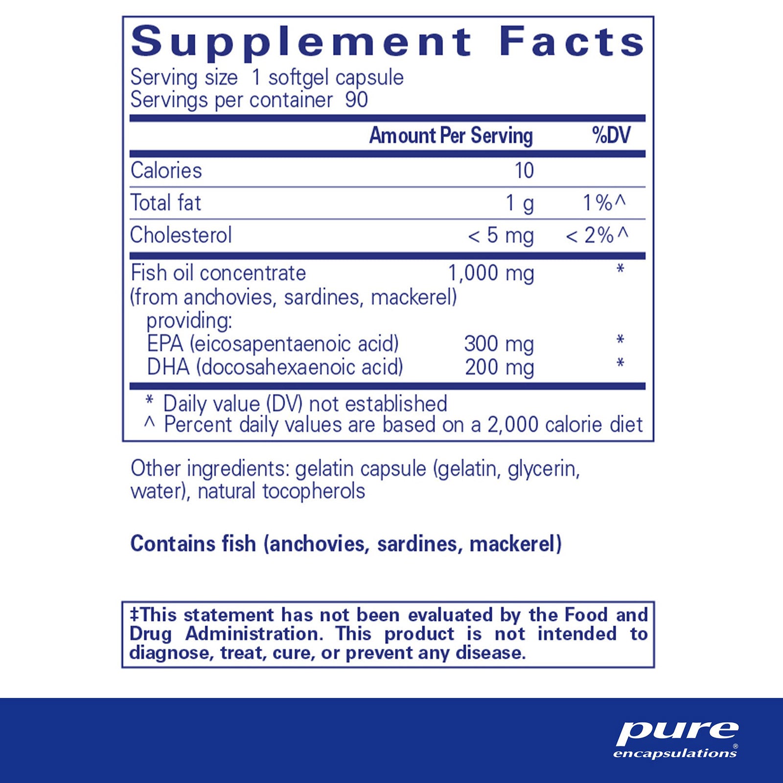 Supplement Facts label for EPA/DHA Essentials softgel capsules showing 300mg EPA and 200mg DHA per serving from fish oil conc