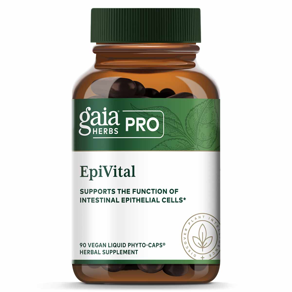 Gaia Herbs Pro EpiVital bottle containing 90 dark vegan liquid phyto-caps with green cap and white label.
